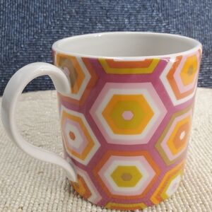 Jonathan Adler Carnaby Mug Coffee Cup Orange Pink Hexagonal Geo (C16)